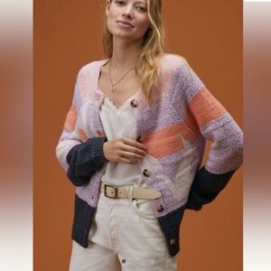 Anthropologie Mauve Bird Multicolor Women's Cardigan Sweater XS